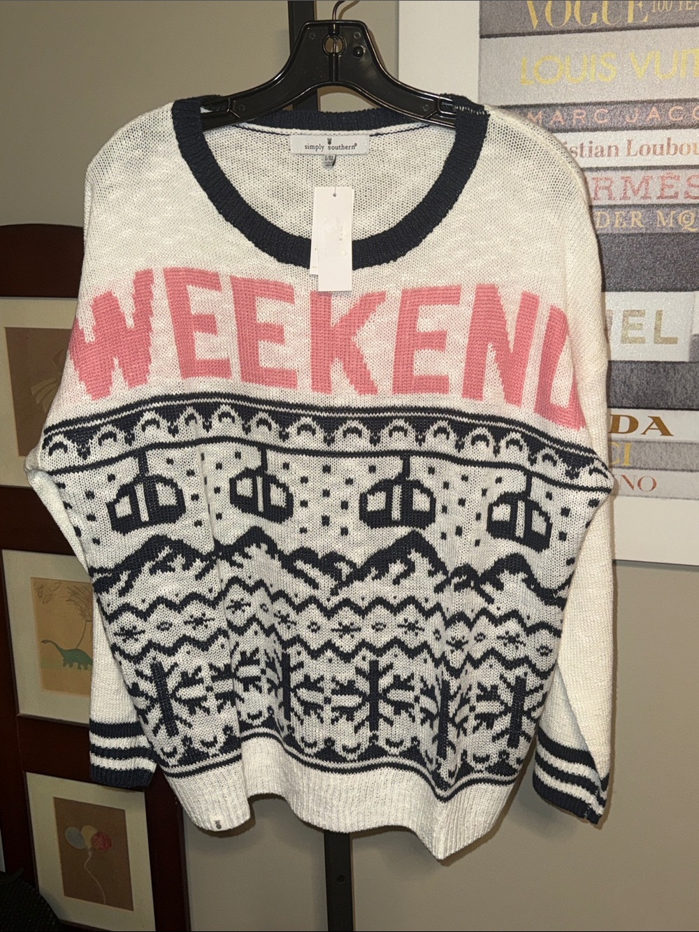 Simply Southern White Pullover Sweater with Pink 'WEEKEND' and Navy Fair Isle